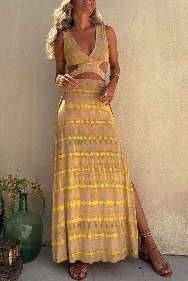 Monica™ - Print Neckline Design Slit Stretch Dress