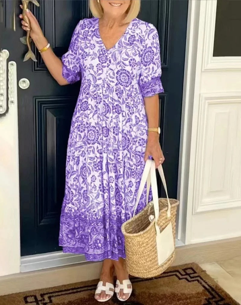 Mara™ - Elegant Floral Dress with V-Neck