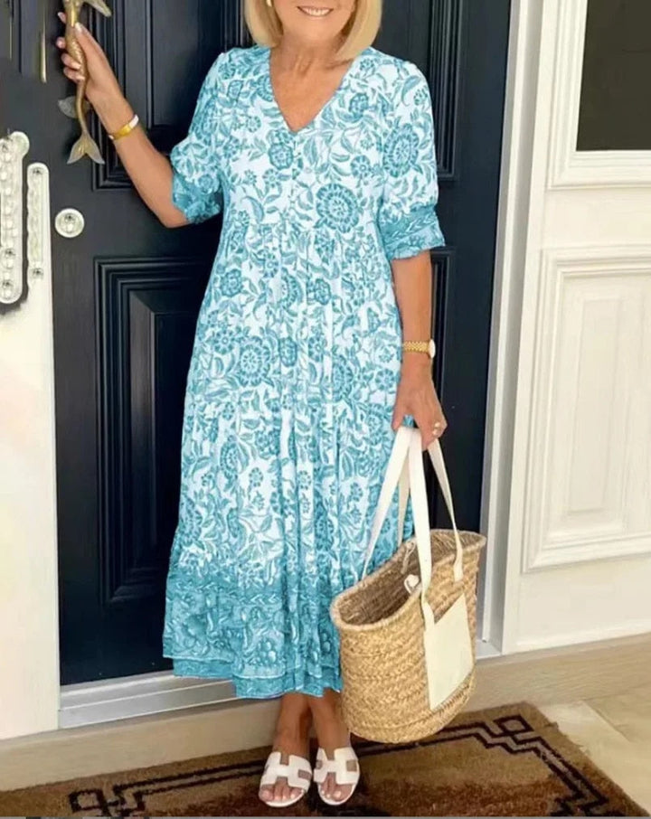 Mara™ - Elegant Floral Dress with V-Neck