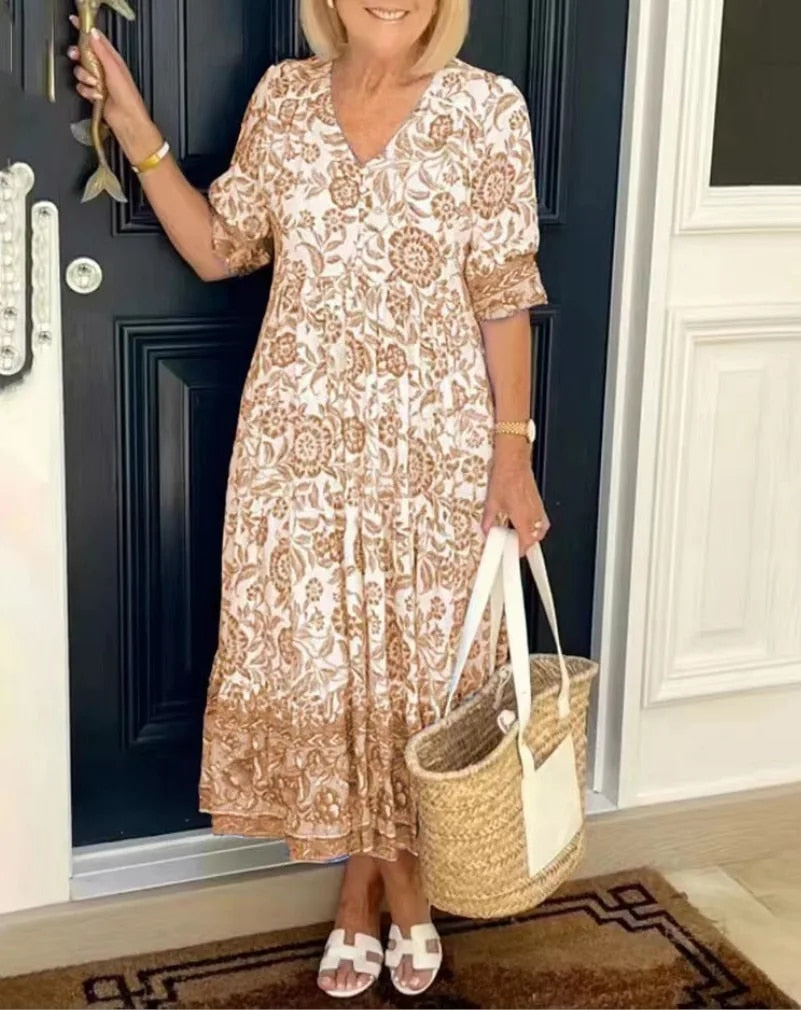 Mara™ - Elegant Floral Dress with V-Neck