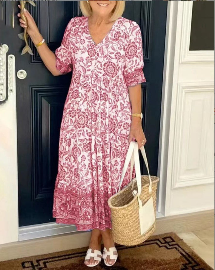 Mara™ - Elegant Floral Dress with V-Neck