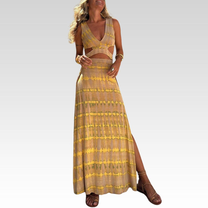 Monica™ - Print Neckline Design Slit Stretch Dress