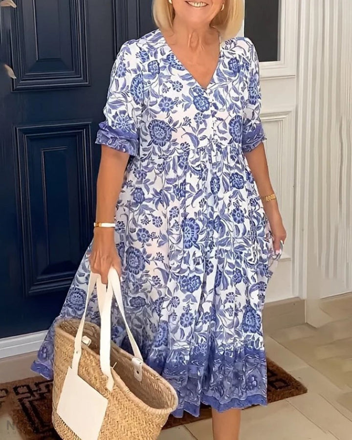 Mara™ - Elegant Floral Dress with V-Neck