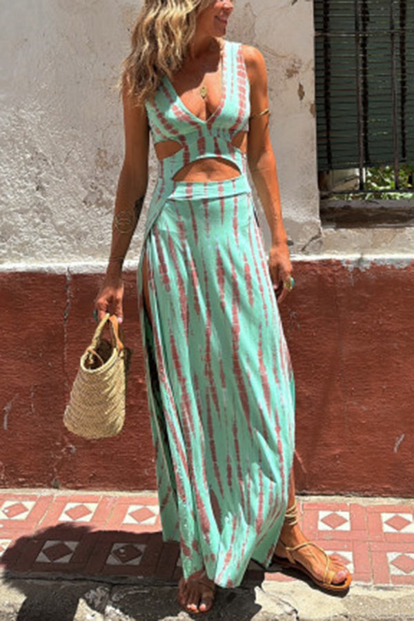 Monica™ - Print Neckline Design Slit Stretch Dress