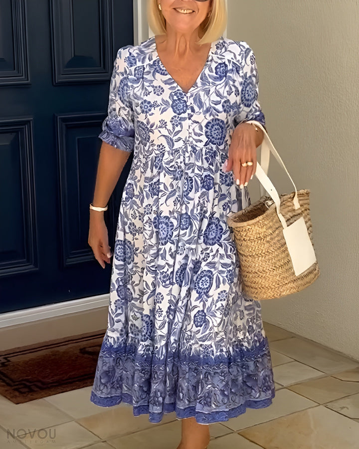 Mara™ - Elegant Floral Dress with V-Neck
