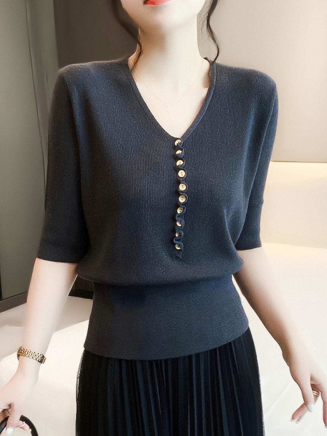 Rosemary™ - Loose V-Neck Button Knitted Top