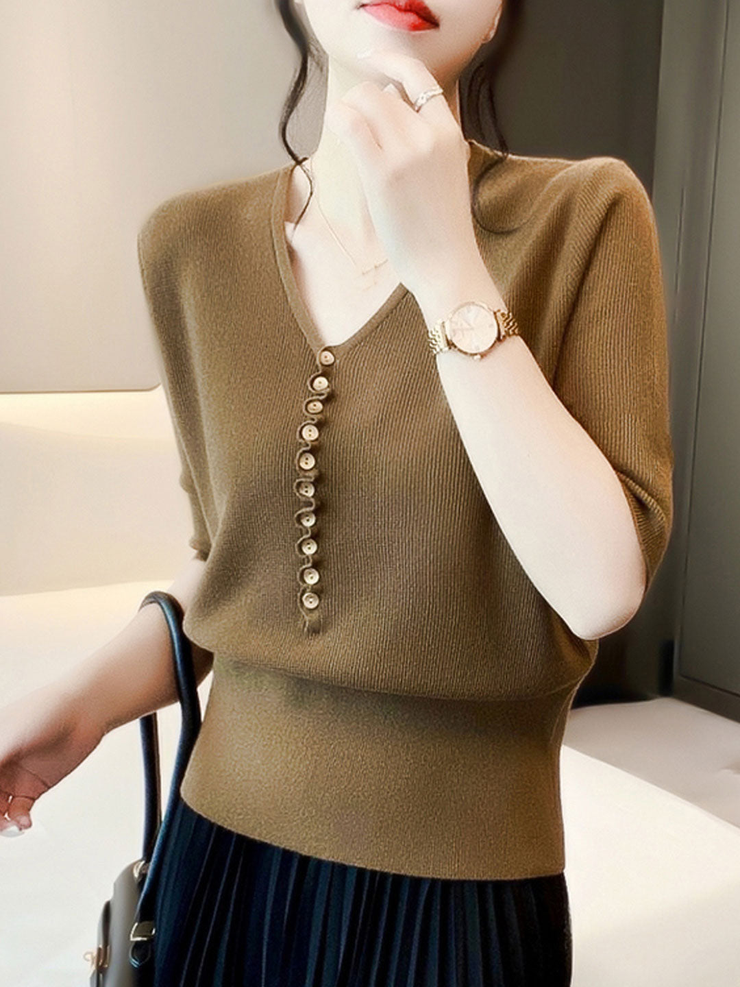 Rosemary™ - Loose V-Neck Button Knitted Top