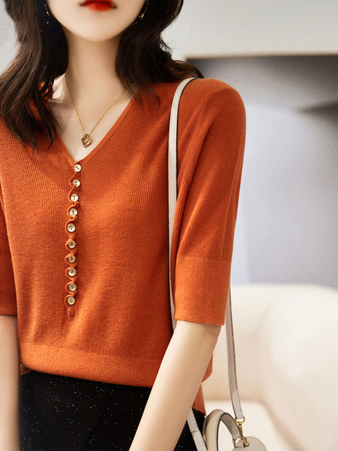 Rosemary™ - Loose V-Neck Button Knitted Top