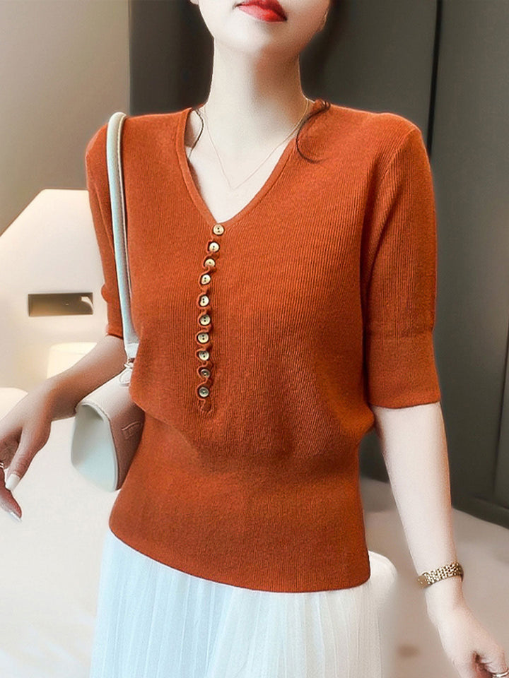 Rosemary™ - Loose V-Neck Button Knitted Top