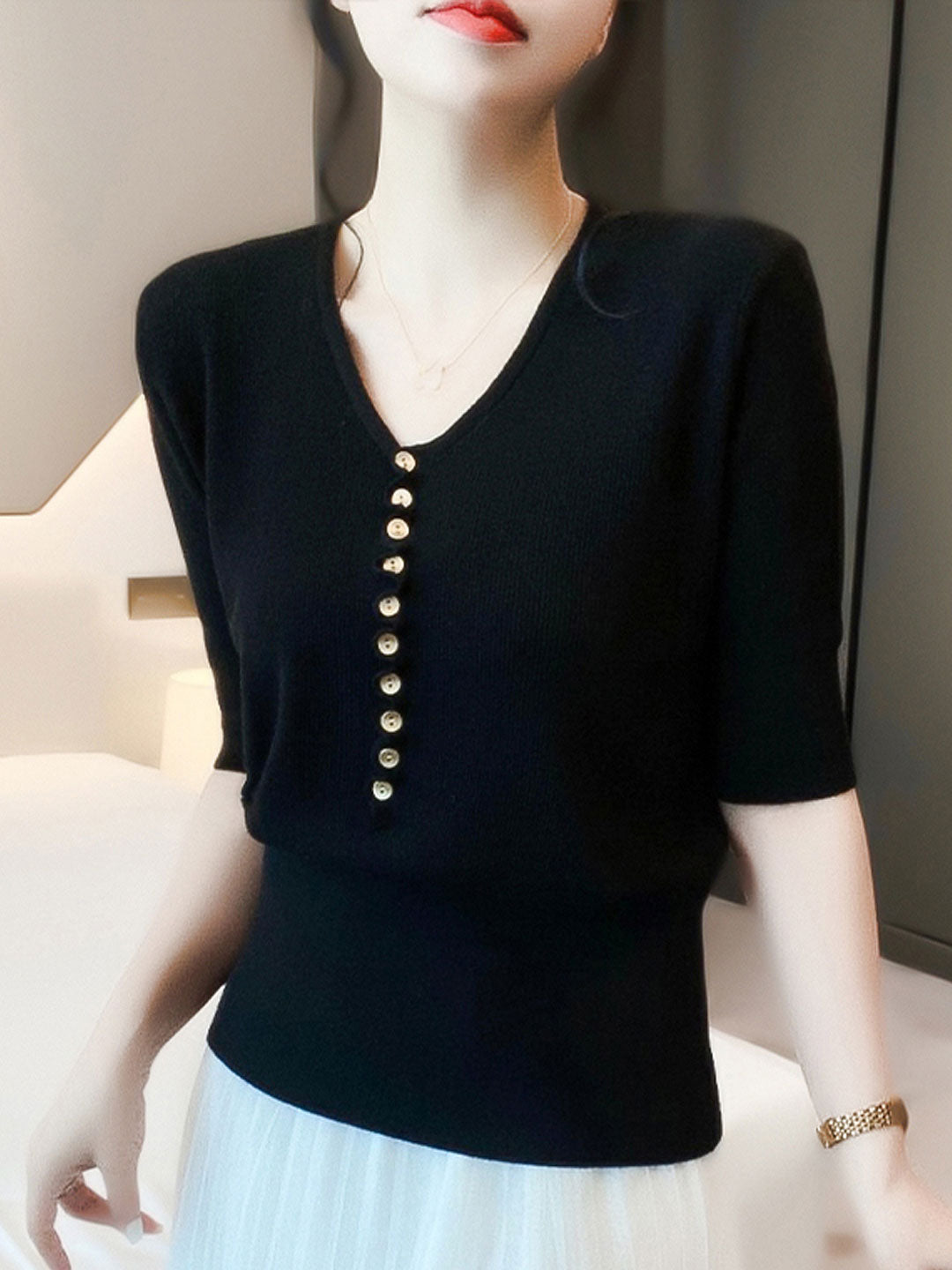 Rosemary™ - Loose V-Neck Button Knitted Top