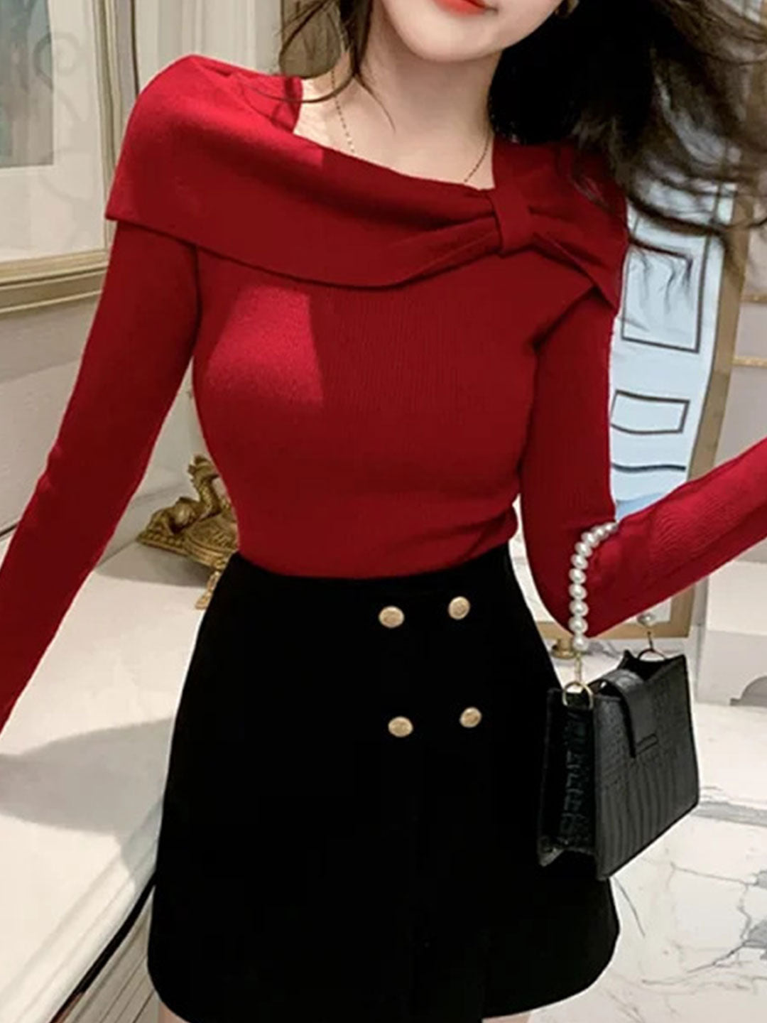 Olivia™ - Off-Neck Bow Knitted Jumper