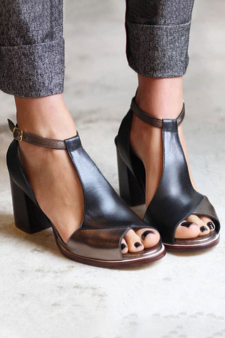 Nadaria | Black Patchwork Peep-Toe Heeled Sandals