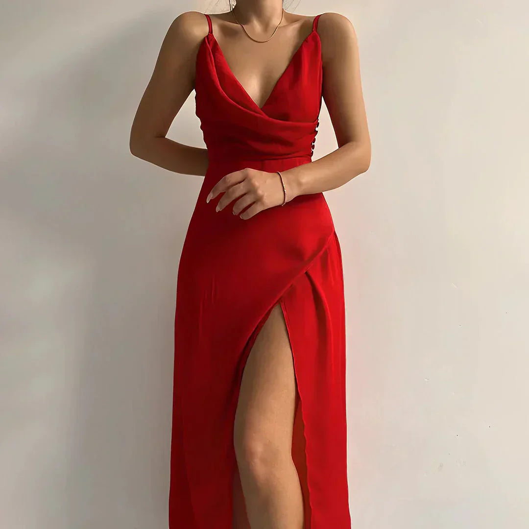 Elina™ - Sleeveless Dress Featuring a Waterfall Neckline and Elegant Slit