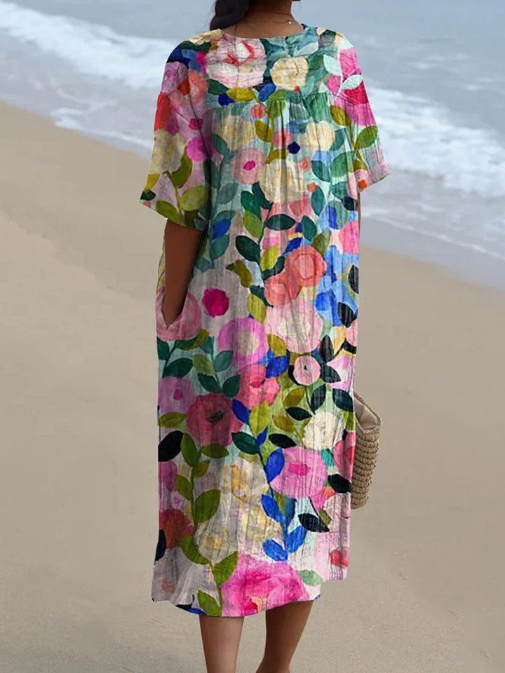 Vibrant Floral Garden Print Flowy Dress for Women